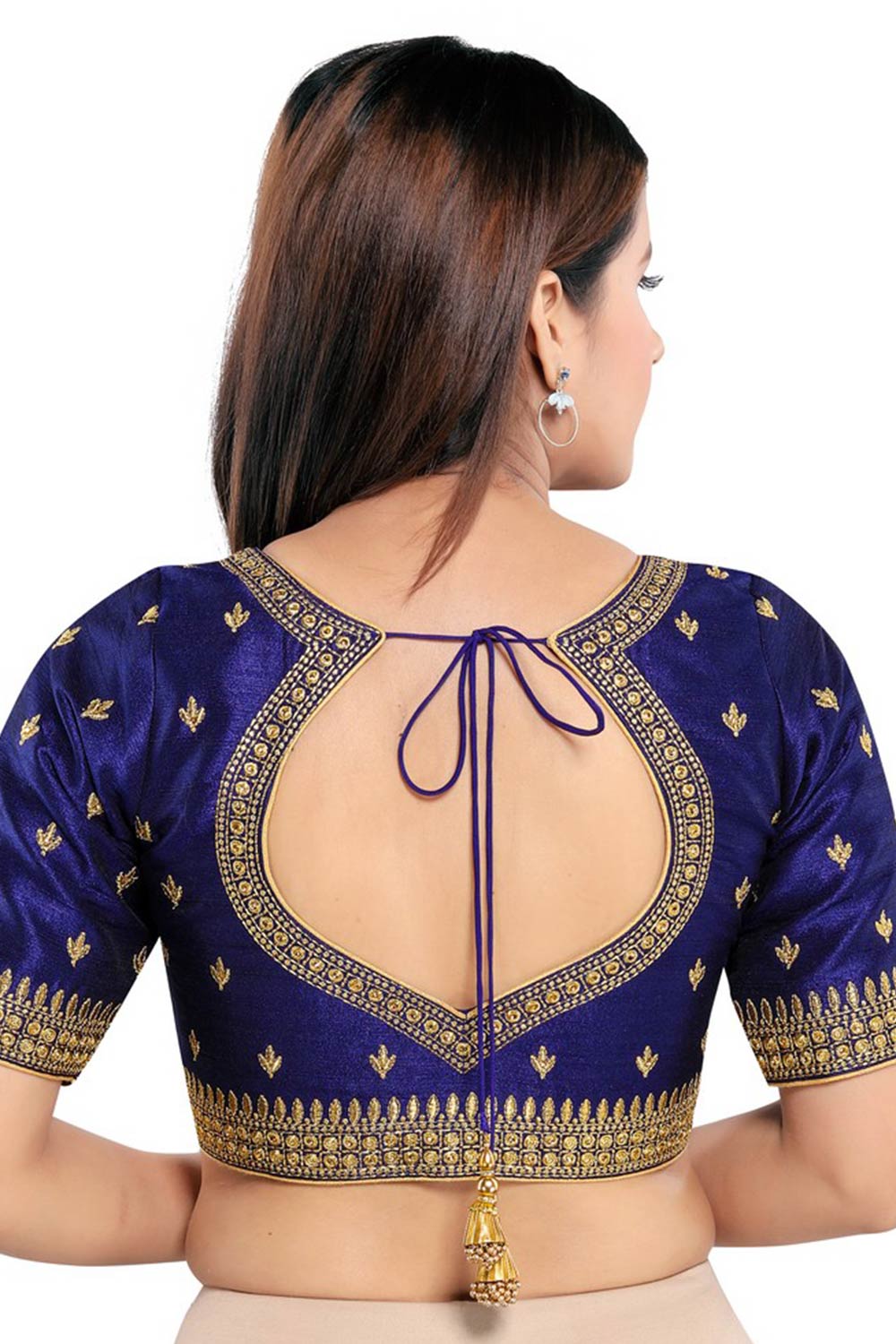 Navy Blue Art Silk Front Open Padded Elbow Sleeves Saree Blouse