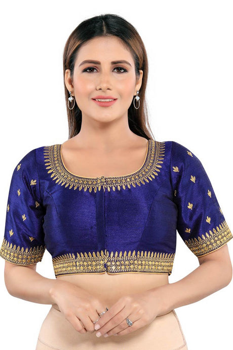 Navy Blue Art Silk Front Open Padded Elbow Sleeves Saree Blouse