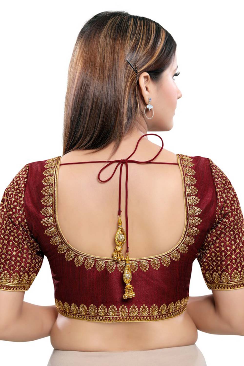 Buy Art Silk Sequin and Embroidered  Saree Blouse in Dark Maroon - Back