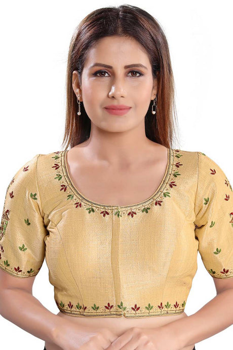 Buy Dupion Silk Embroidered Blouse in Gold