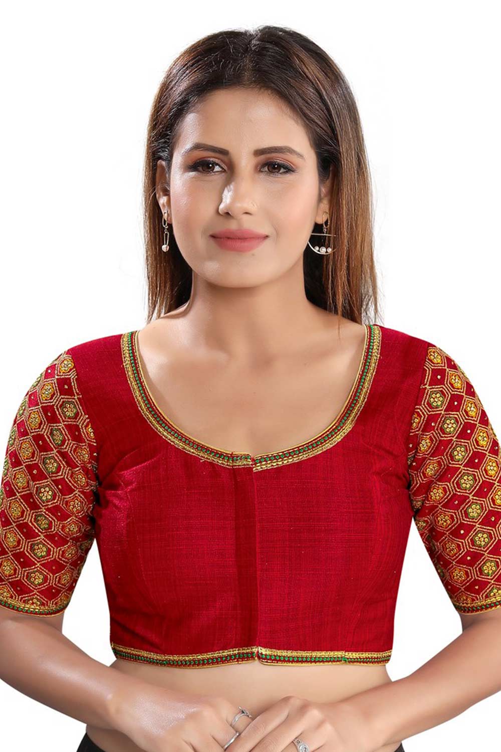 Buy Dupion Silk Embroidered Blouse in Dark-Red