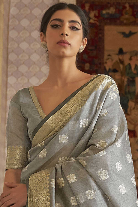 Silk Blend Grey Woven Design Handloom Saree