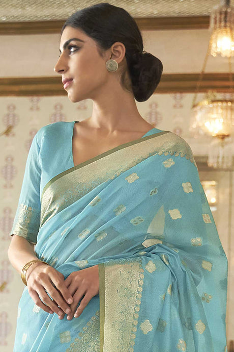Silk Blend Turquoise Woven Design Handloom Saree