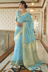 Silk Blend Turquoise Woven Design Handloom Saree