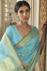 Silk Blend Turquoise Woven Design Handloom Saree