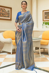 Blue Silk Blend Paisley Embroidered Kanjeevaram Saree