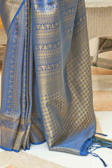 Blue Silk Blend Paisley Embroidered Kanjeevaram Saree