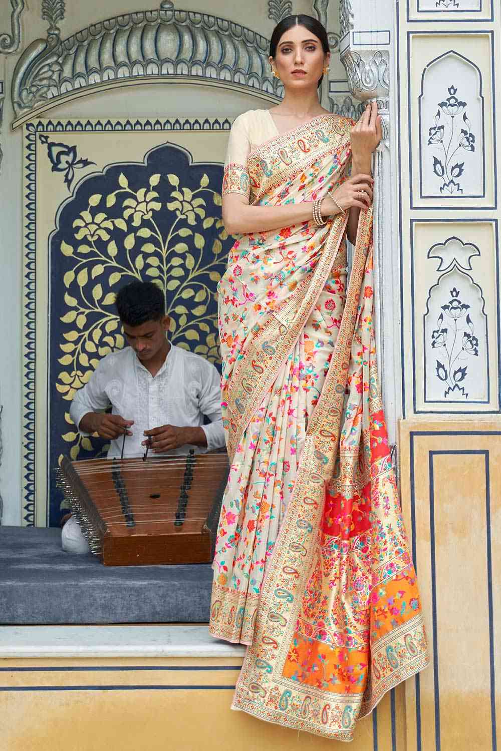 Women's Off White Coloured Soft Kanjivaram Paithani Zari Saree | Minakari newest design and Menakari border Saree | Party Wear Saree For Women