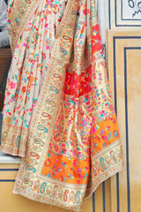 Cream Silk Blend Floral Woven Design Phulkari Saree