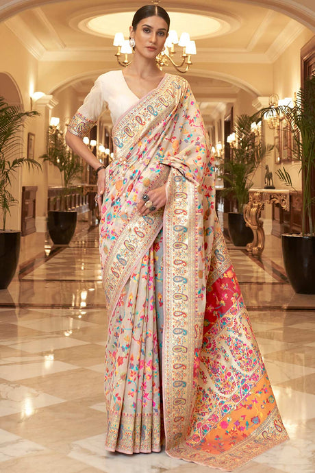 Cream Silk Blend Floral Woven Design Phulkari Saree