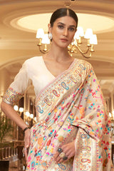 Cream Silk Blend Floral Woven Design Phulkari Saree