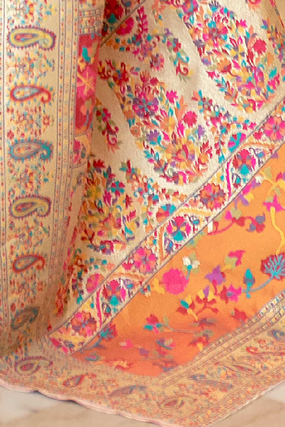 Cream Silk Blend Floral Woven Design Phulkari Saree