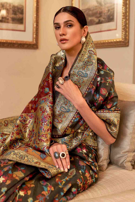 Black Silk Blend Floral Woven Design Phulkari Saree