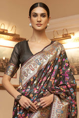 Black Silk Blend Floral Woven Design Phulkari Saree