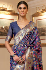 Buy Navy Blue Art Silk Floral Design Saree Online - Back