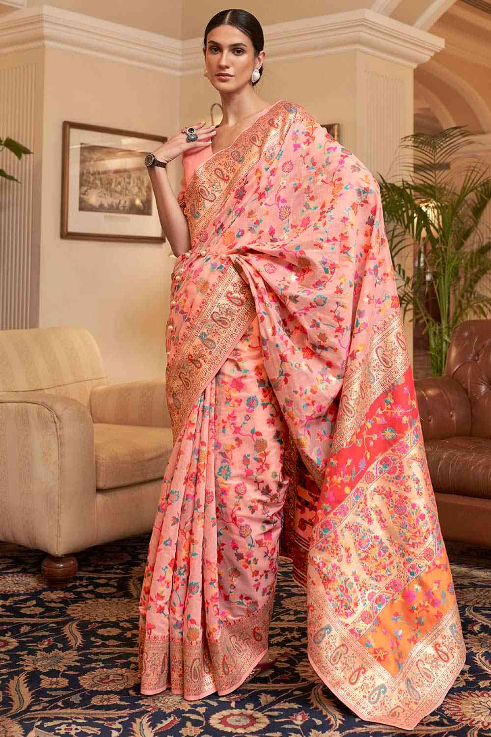 Buy Peach Art Silk Floral Design Saree Online