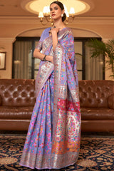 Lavender Silk Blend Floral Woven Design Phulkari Saree