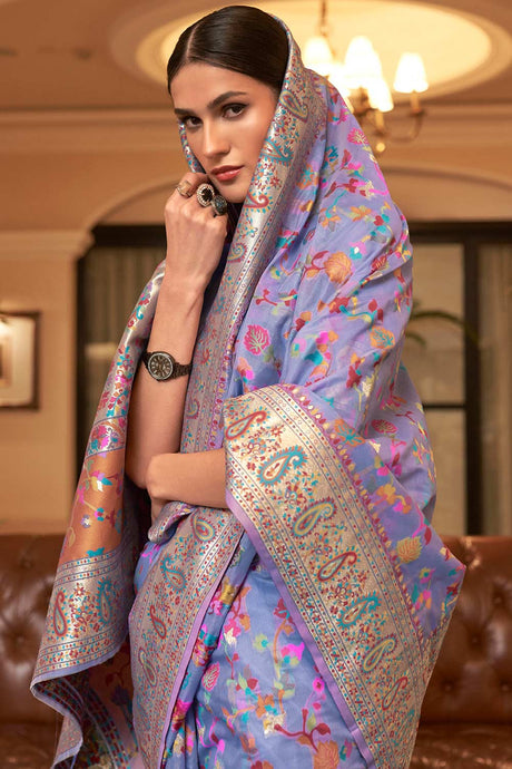 Lavender Silk Blend Floral Woven Design Phulkari Saree