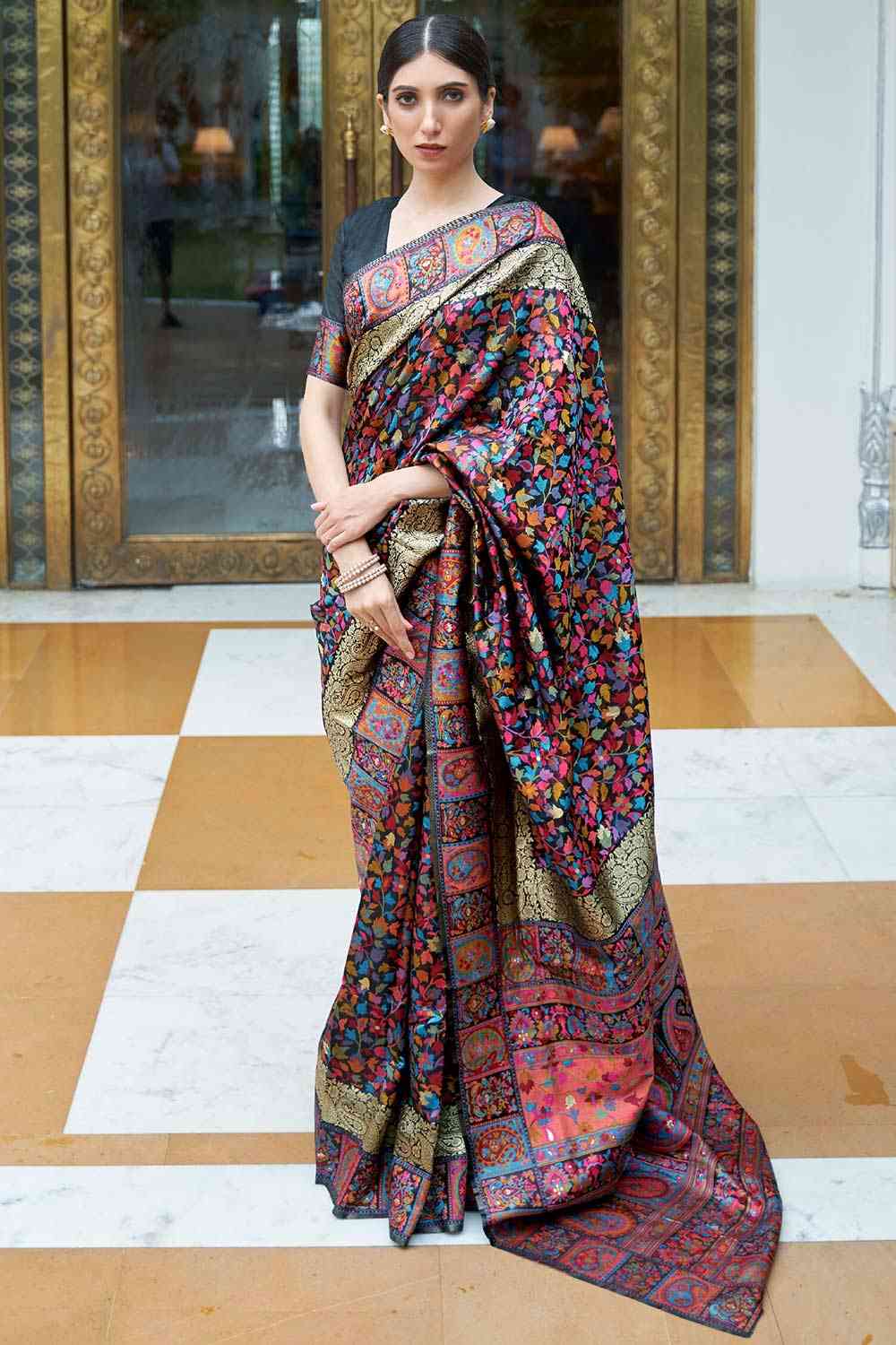 Made To Order Indian Designer Floral Print Silk Saree Lehenga Boatneck hot Blouse