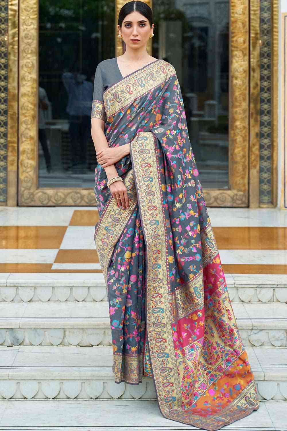 Grey Silk Blend Floral Woven Design Phulkari Saree