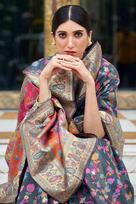 Grey Silk Blend Floral Woven Design Phulkari Saree