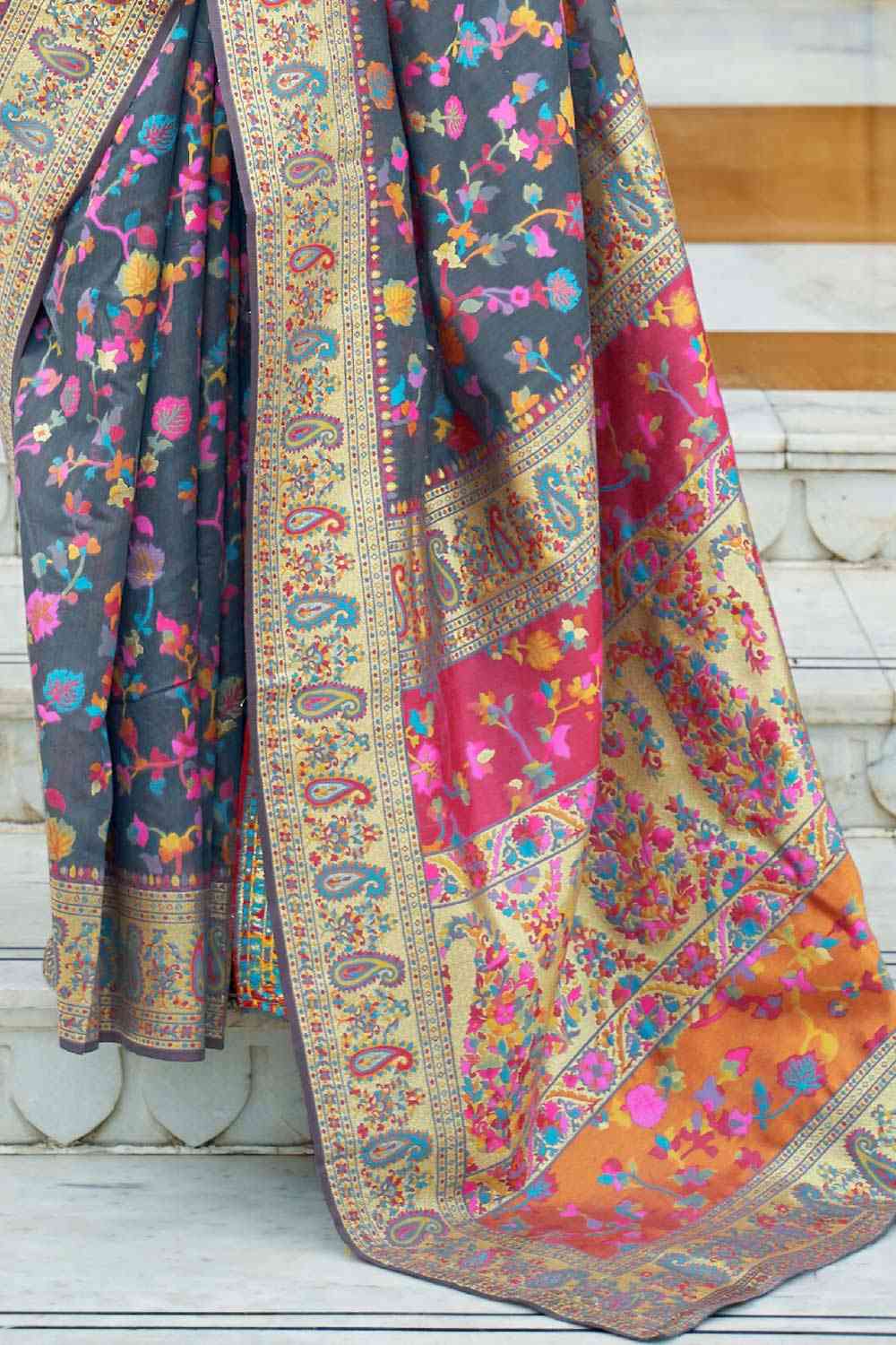 Grey Silk Blend Floral Woven Design Phulkari Saree