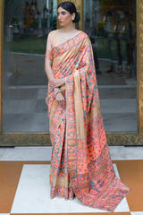 Peach Silk Blend Floral Woven Design Phulkari Saree