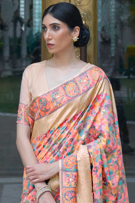 Peach Silk Blend Floral Woven Design Phulkari Saree