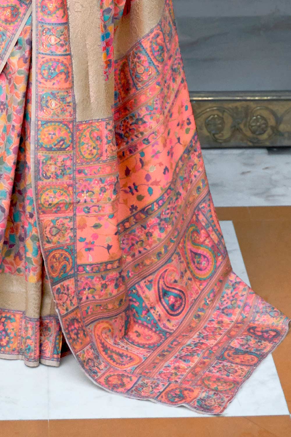 Peach Silk Blend Floral Woven Design Phulkari Saree