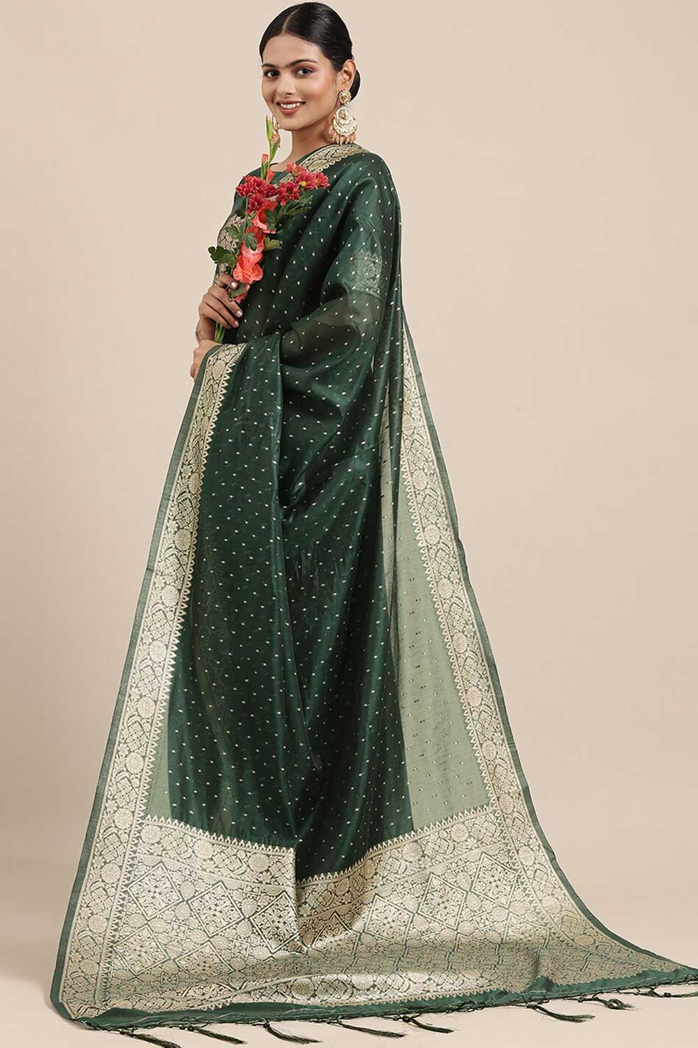 Modal Polka Dot Saree In Teal Green