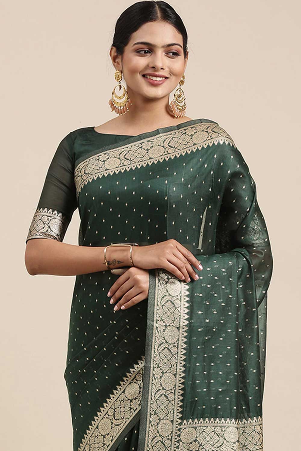 Modal Polka Dot Saree In Teal Green