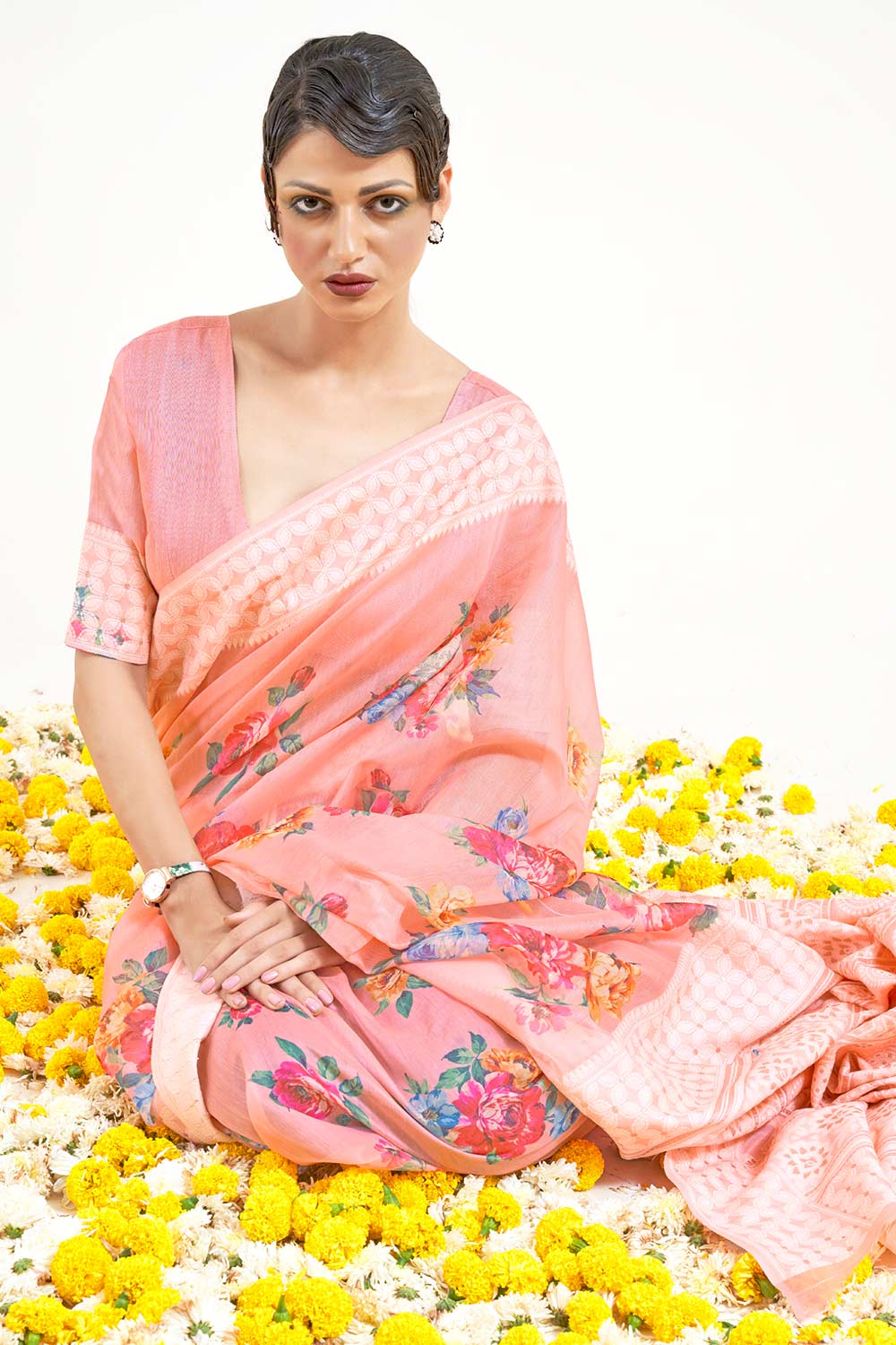 Buy Pink Modal Floral Print Saree Online - Back