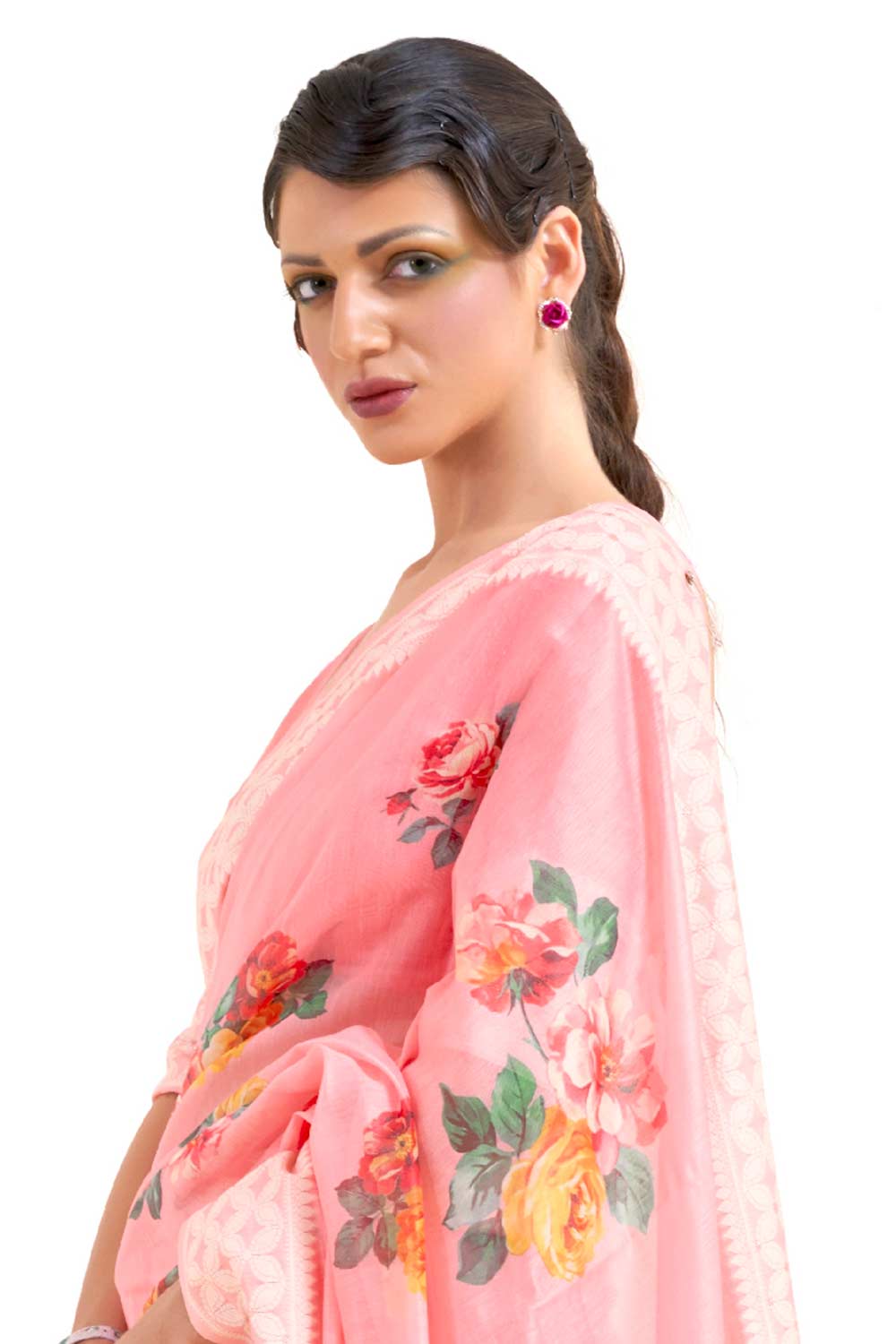 Buy Pink Modal Floral Print Saree Online - Back