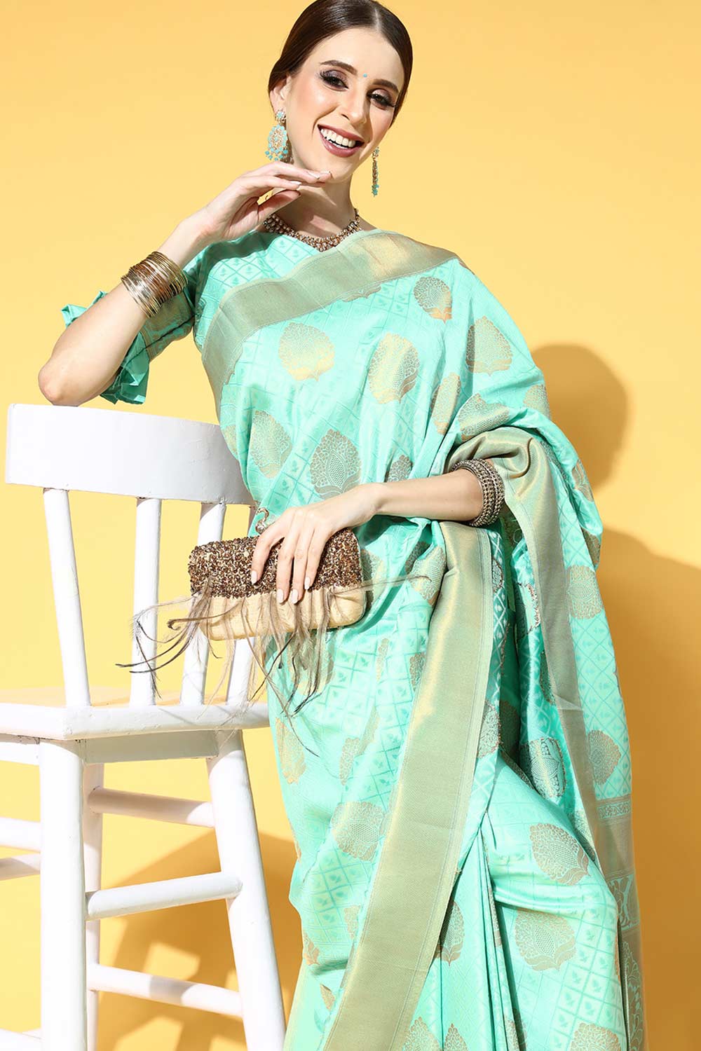 Buy Sea Green Art Silk Paisley Design Saree Online - Side