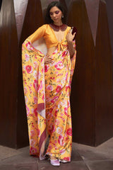 Buy Yellow Satin Silk Floral Print Saree Online