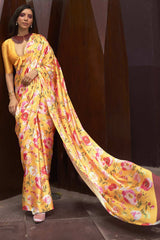 Buy Yellow Satin Silk Floral Print Saree Online - Back