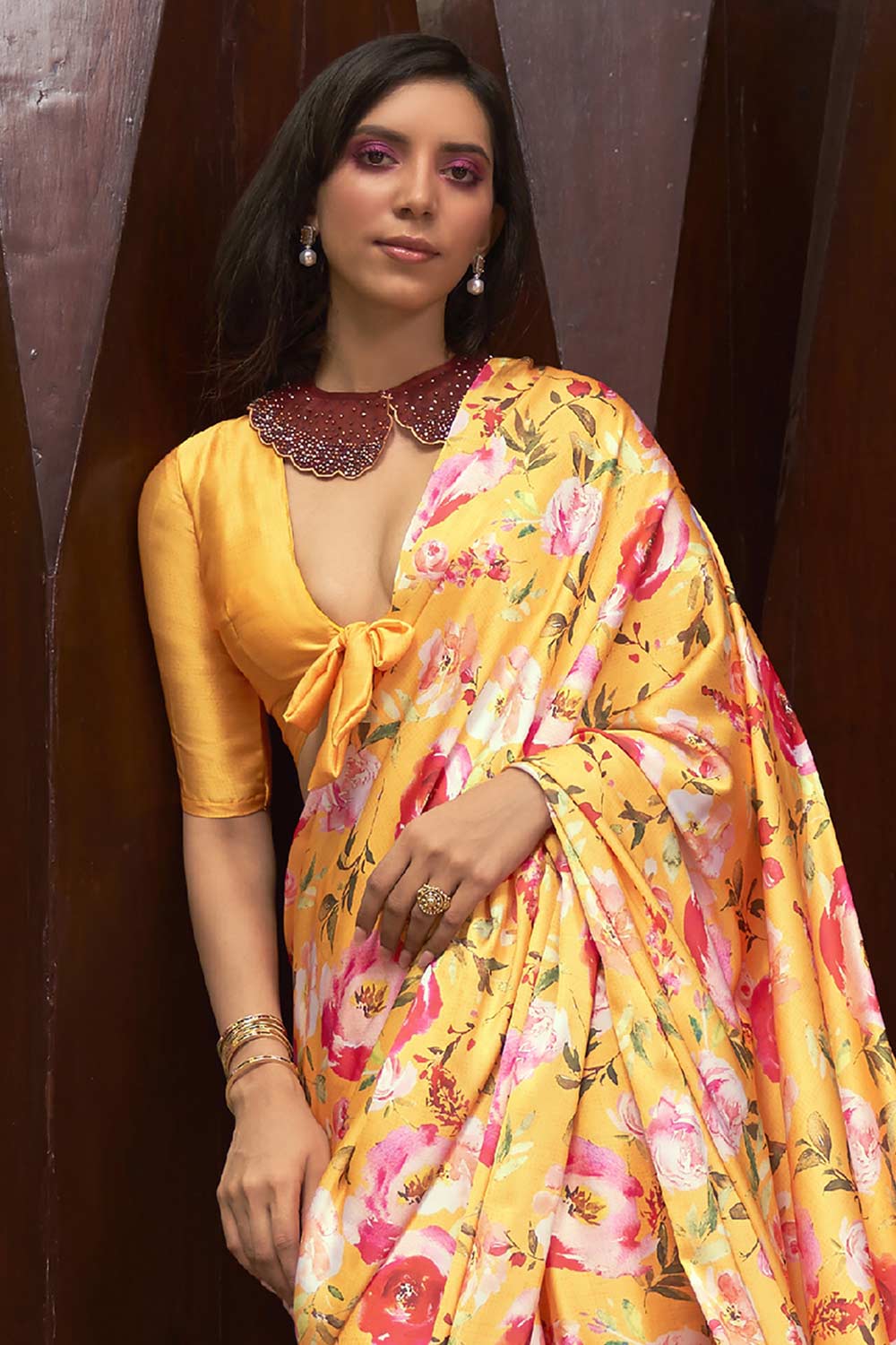 Buy Yellow Satin Silk Floral Print Saree Online - Front