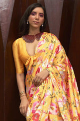 Buy Yellow Satin Silk Floral Print Saree Online - Front