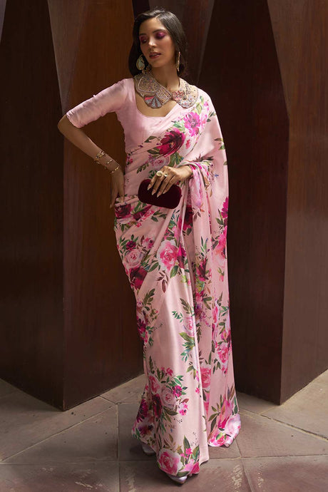 Buy Pink Satin Silk Floral Print Saree Online