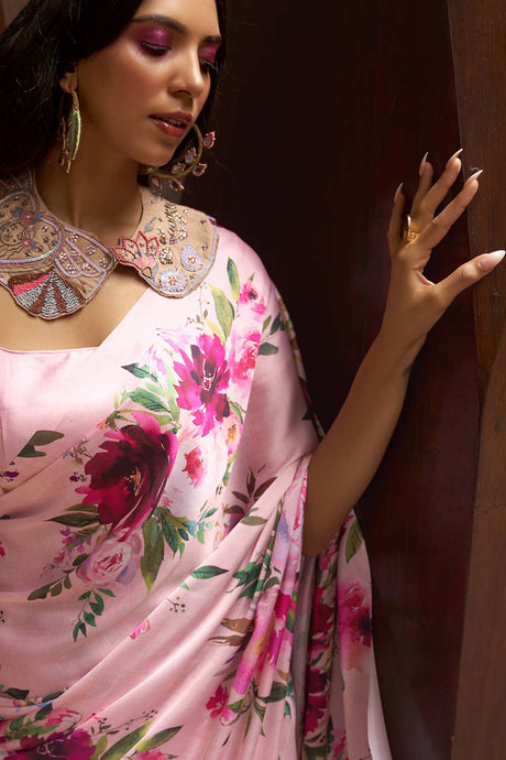 Buy Pink Satin Silk Floral Print Saree Online - Back