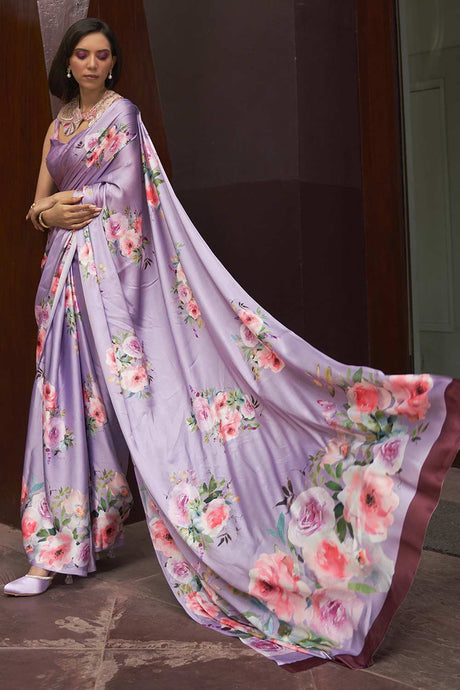 Buy Lavender Satin Silk Floral Print Saree Online - Back