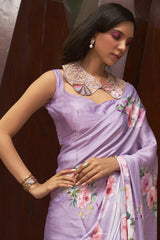 Buy Lavender Satin Silk Floral Print Saree Online - Front