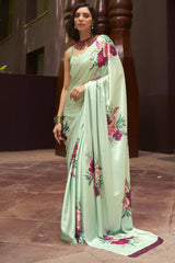 Buy Light Green Satin Silk Floral Print Saree Online