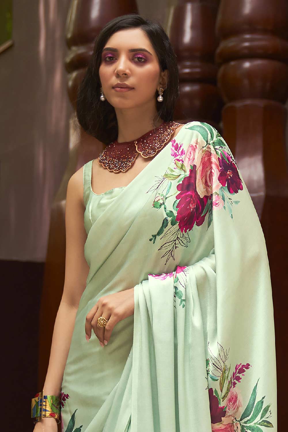 Buy Light Green Satin Silk Floral Print Saree Online - Front