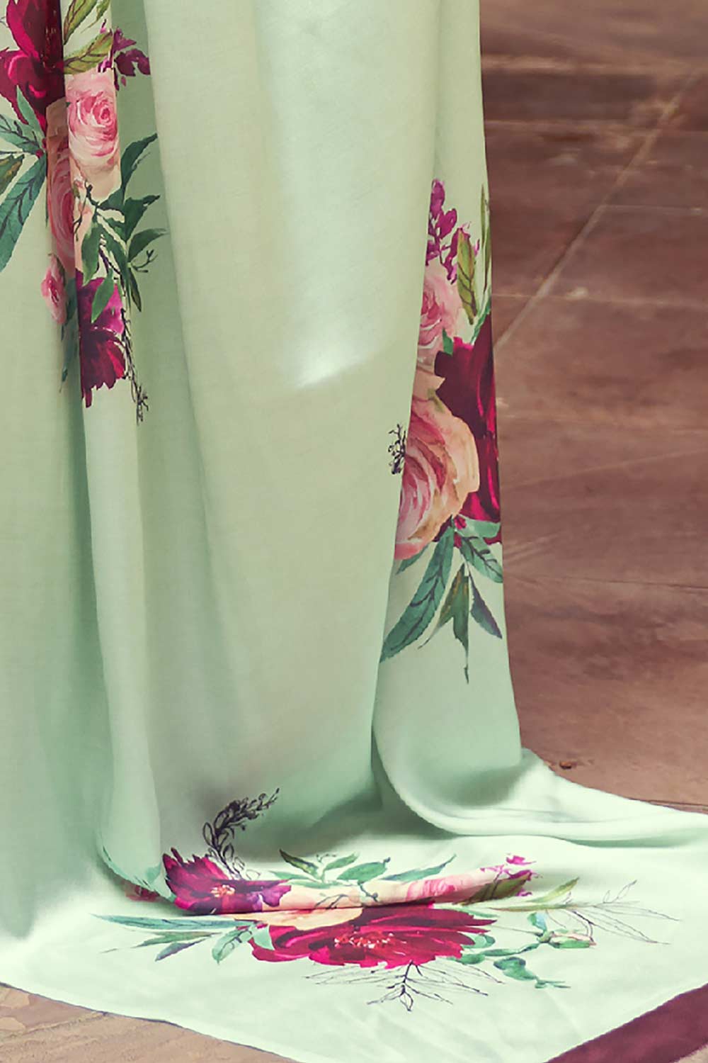 Buy Light Green Satin Silk Floral Print Saree Online - Side