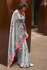 Buy Grey Satin Silk Floral Print Saree Online - Back