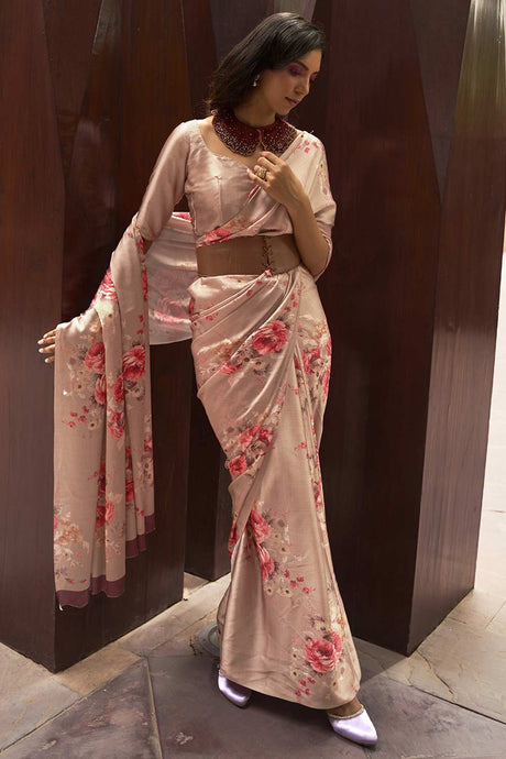 Buy Beige Satin Silk Floral Print Saree Online