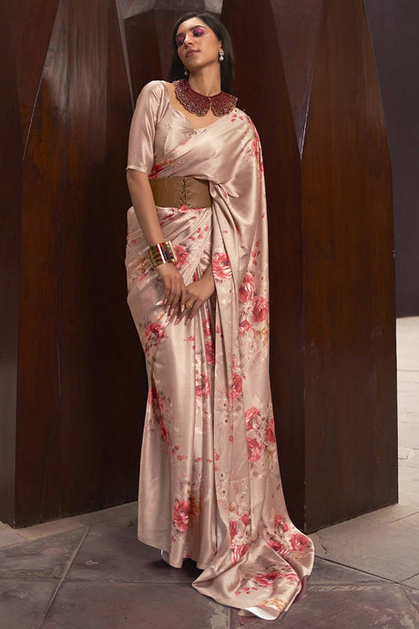 Buy Beige Satin Silk Floral Print Saree Online - Back