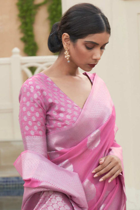 Pink Pure Linen Floral Woven Design Banarasi Saree