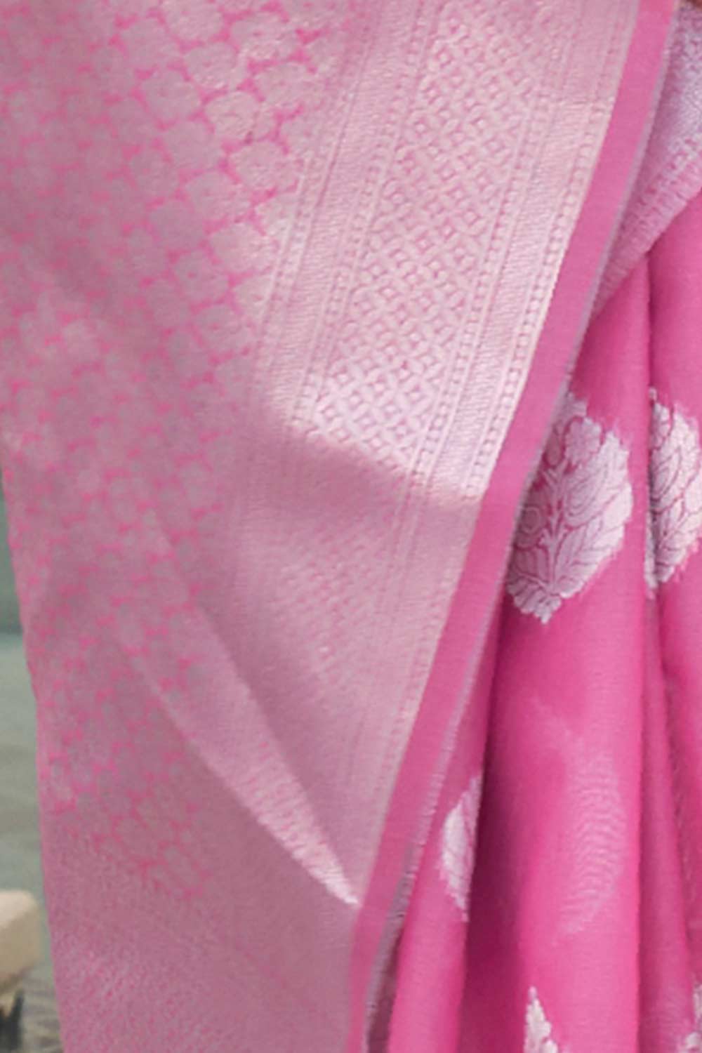 Pink Pure Linen Floral Woven Design Banarasi Saree